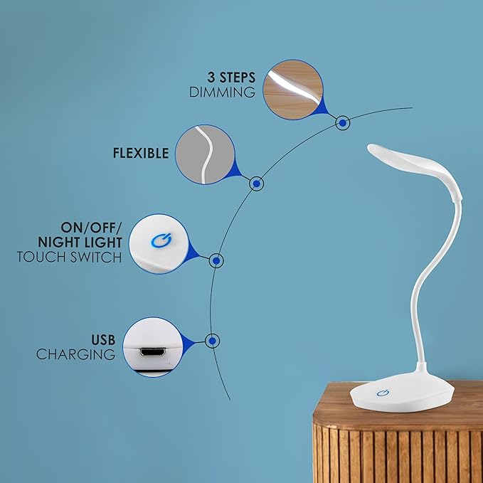 Rechargeable Study Lamp -Table Lamp for Study Room | LED Desk Lamp Light For Study with 3 Brightness Levels | Portable USB Table Light | Study Table Lamp for Students, Reading & Work at Home
