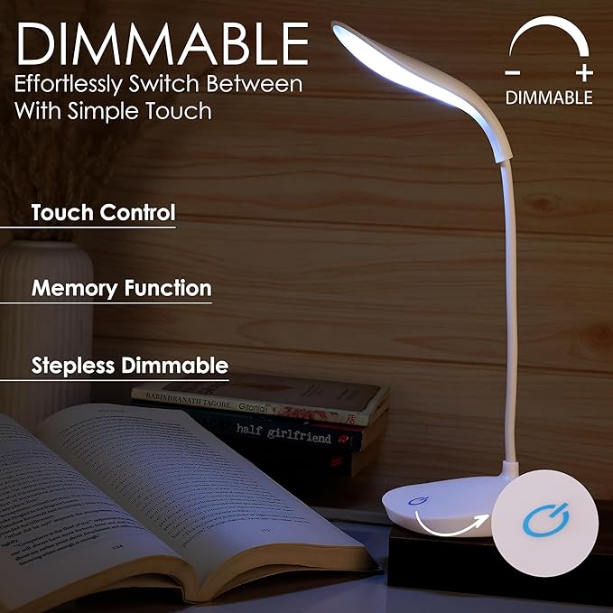 Rechargeable Study Lamp -Table Lamp for Study Room | LED Desk Lamp Light For Study with 3 Brightness Levels | Portable USB Table Light | Study Table Lamp for Students, Reading & Work at Home