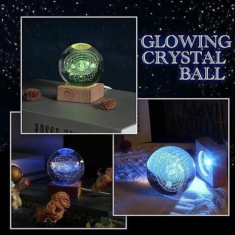 3D Solar System Crystal Ball Night Lamp, Creative Engraved Night Light for Kids Room, USB Table LED Lamp with Woodern Base, Light for Home Office Decoration Birthday Gift (Solar System)