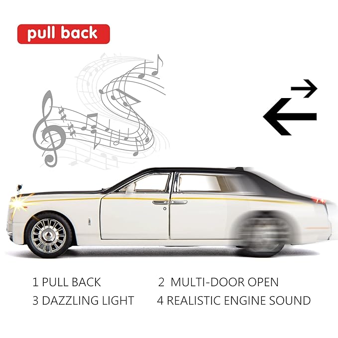 Rolls-Royce Phantom Model Car,Zinc Alloy Pull Back Toy car with Sound and Light for Kids Boy Girl Gift(White )