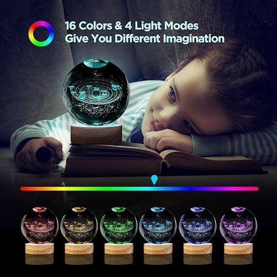 3D Solar System Crystal Ball Night Lamp, Creative Engraved Night Light for Kids Room, USB Table LED Lamp with Woodern Base, Light for Home Office Decoration Birthday Gift (Solar System)
