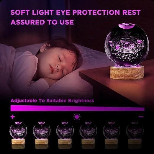 3D Solar System Crystal Ball Night Lamp, Creative Engraved Night Light for Kids Room, USB Table LED Lamp with Woodern Base, Light for Home Office Decoration Birthday Gift (Solar System)