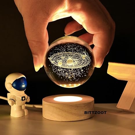 3D Solar System Crystal Ball Night Lamp, Creative Engraved Night Light for Kids Room, USB Table LED Lamp with Woodern Base, Light for Home Office Decoration Birthday Gift (Solar System)