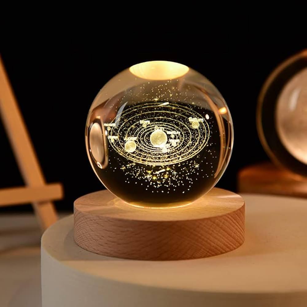 3D Solar System Crystal Ball Night Lamp, Creative Engraved Night Light for Kids Room, USB Table LED Lamp with Woodern Base, Light for Home Office Decoration Birthday Gift (Solar System)