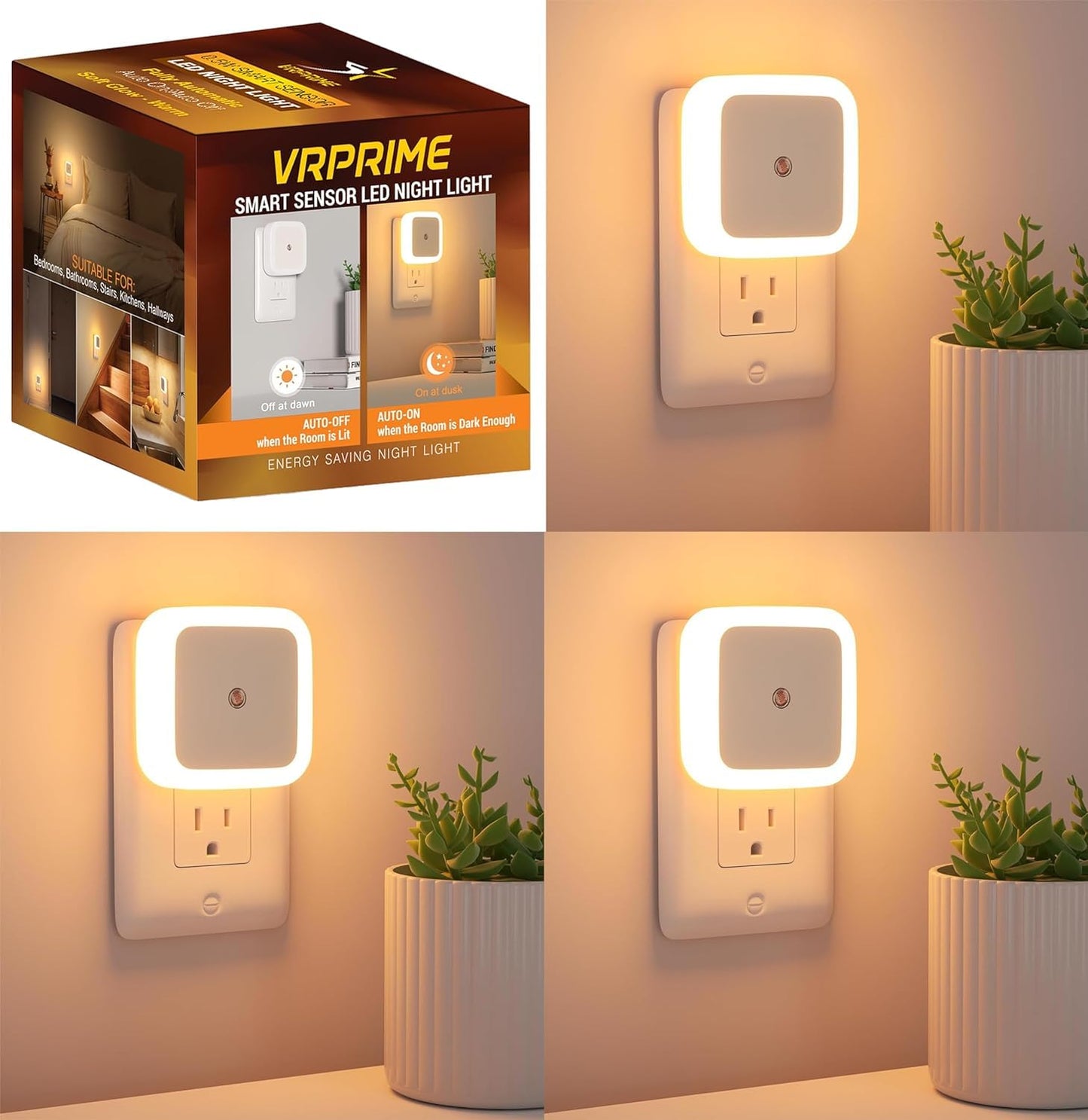 3pc Night Lamp Sensor Light for Bedroom Bed Side Home | Smart Automatic ON/Off Dim LED Lights | Energy Saving 0.5W Lamp | Long Life for Hallway, Stairs, Kitchen, Bathroom (Warm) (Pack of 3)