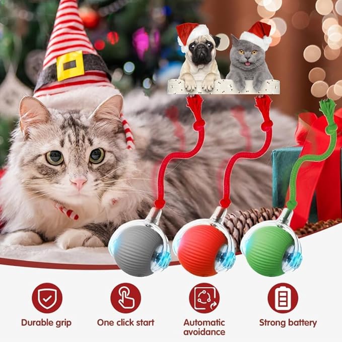 Automatic Rolling Moving Rechargeable Self Play Stimulation Toy,Smart Pet Chase Ball With Speedy Tail Rope For Bored Indoor Cats Enrichment(Red)