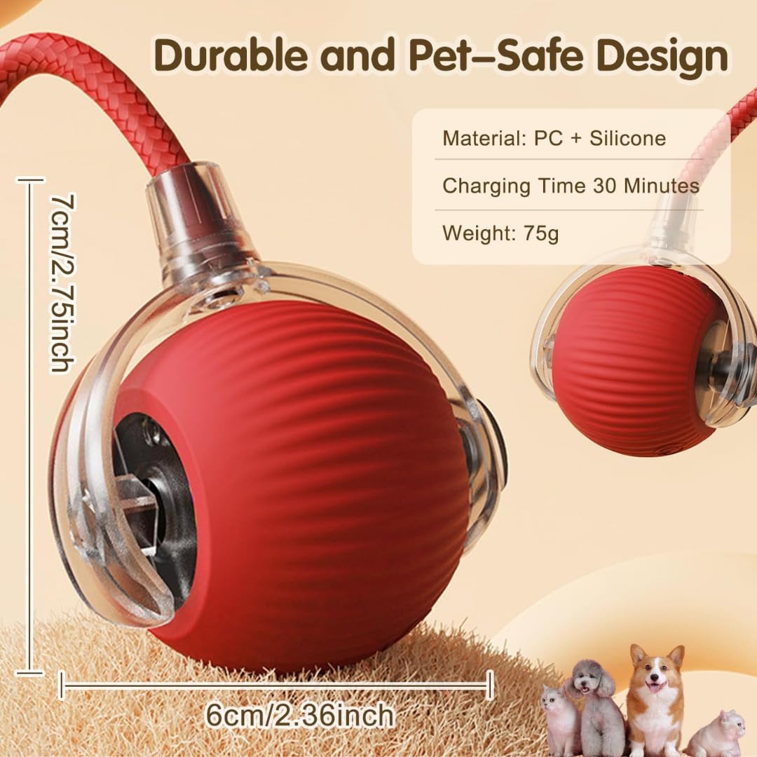 Automatic Rolling Moving Rechargeable Self Play Stimulation Toy,Smart Pet Chase Ball With Speedy Tail Rope For Bored Indoor Cats Enrichment(Red)