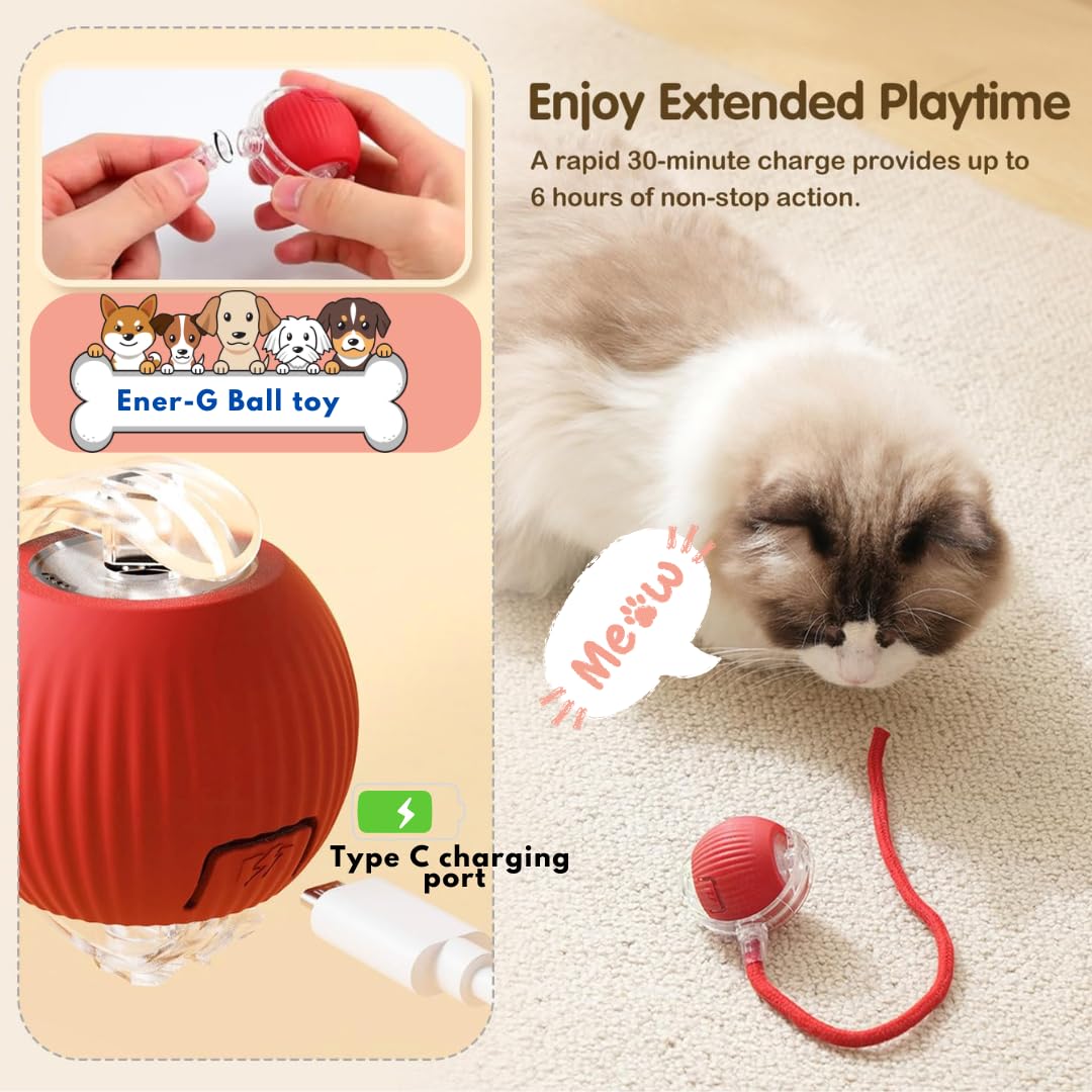 Automatic Rolling Moving Rechargeable Self Play Stimulation Toy,Smart Pet Chase Ball With Speedy Tail Rope For Bored Indoor Cats Enrichment(Red)