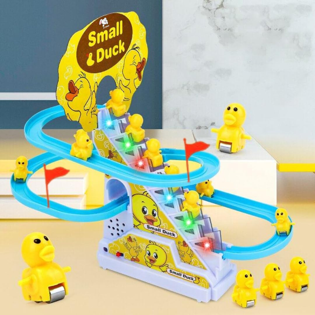 Ducks Slide Toys for Kids - Ducks Chasing Race Slide Game Set - Small Ducks Stair Climbing Toys for Kids, Escalator Toy with Lights and Music - 3 Duck Included (Ducks Slide)