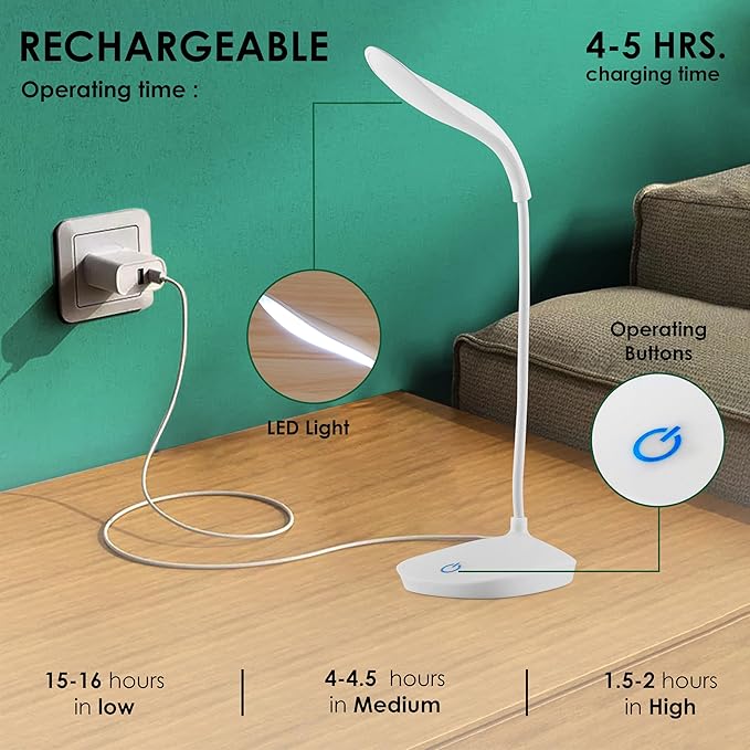 Rechargeable Study Lamp -Table Lamp for Study Room | LED Desk Lamp Light For Study with 3 Brightness Levels | Portable USB Table Light | Study Table Lamp for Students, Reading & Work at Home