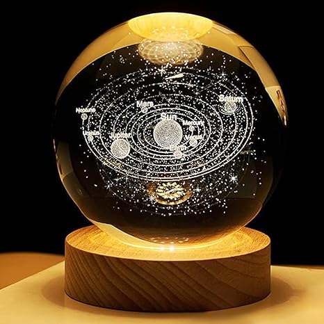 3D Solar System Crystal Ball Night Lamp, Creative Engraved Night Light for Kids Room, USB Table LED Lamp with Woodern Base, Light for Home Office Decoration Birthday Gift (Solar System)